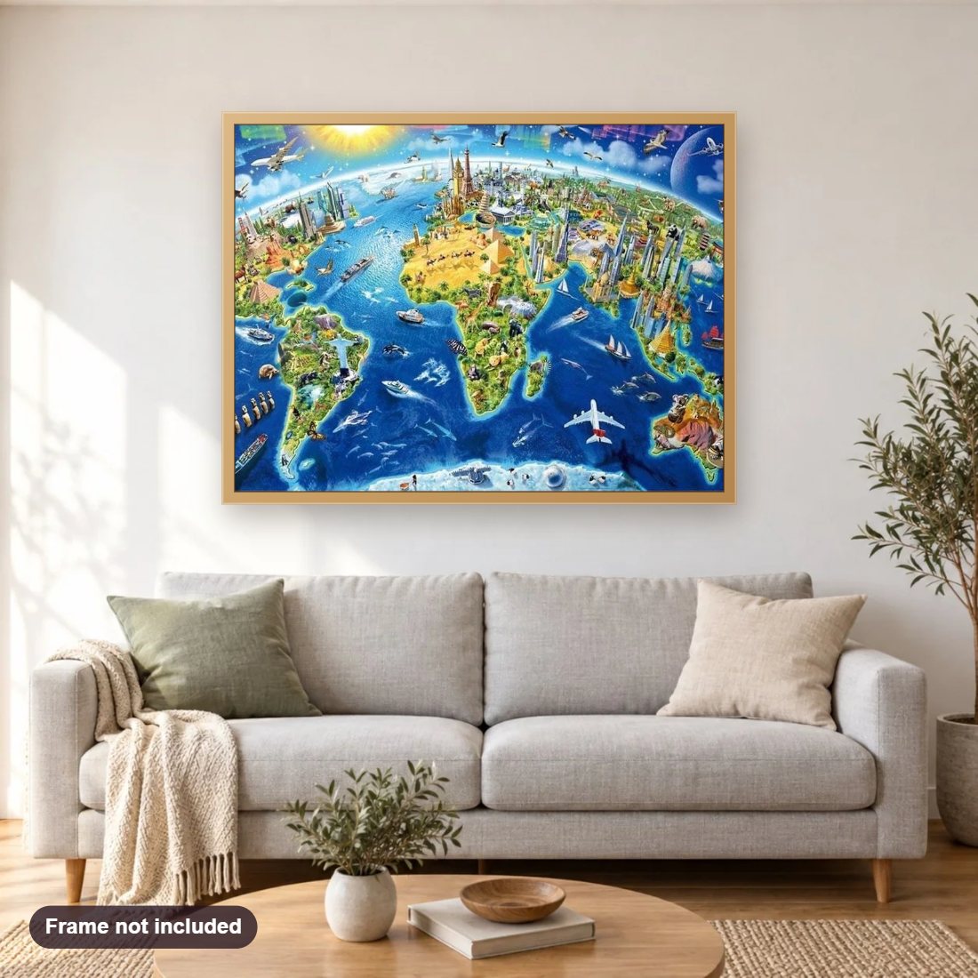 Colorful World Map View diamond painting shown framed on a living room wall above a sofa