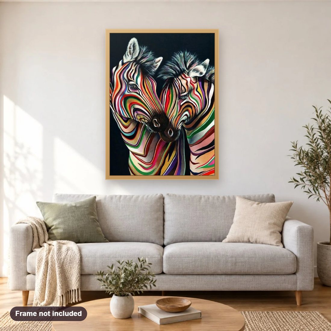 Colorful Zebras diamond painting shown framed on a living room wall above a sofa