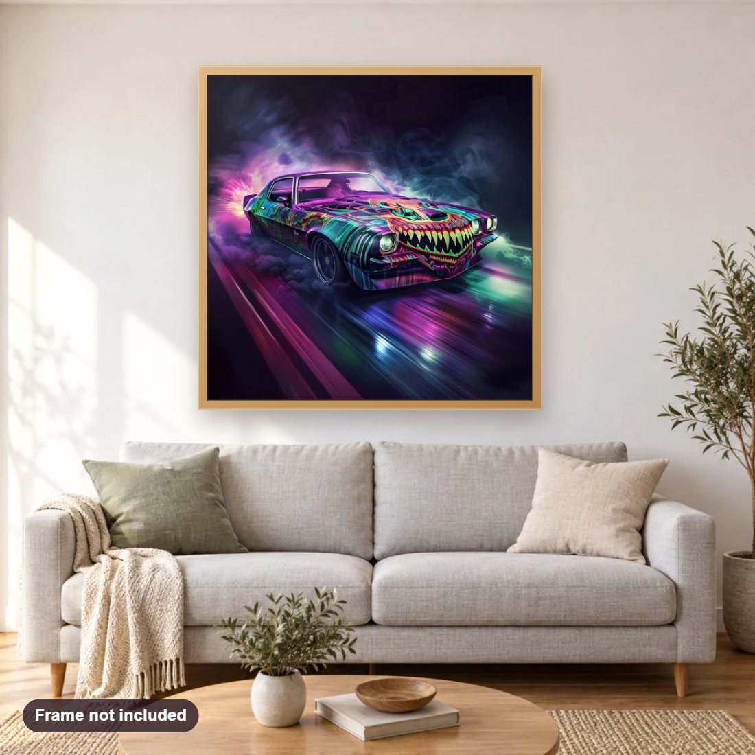 Colorful Monster Car diamond painting shown framed on a living room wall above a sofa