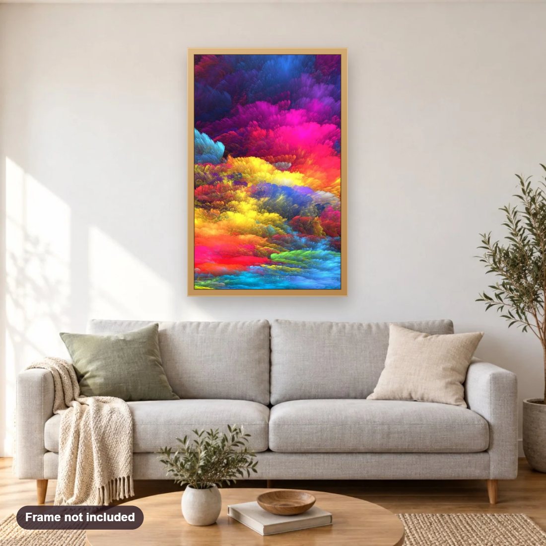 Colors Explosion diamond painting shown framed on a living room wall above a sofa