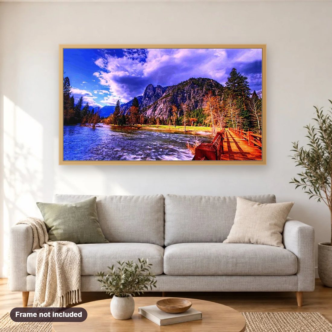 Colors of Nature diamond painting shown framed on a living room wall above a sofa