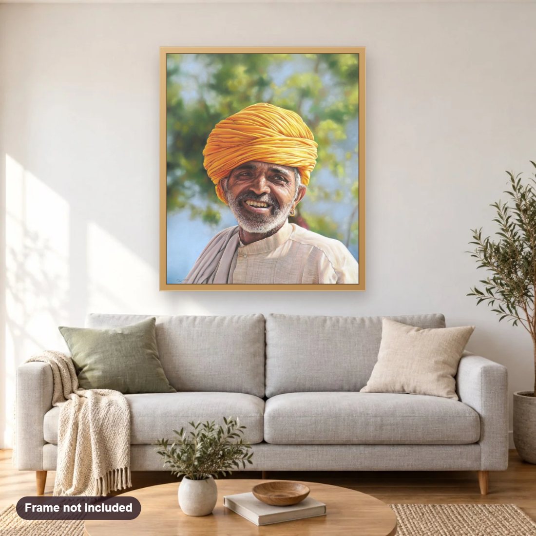 Colors of Rajasthan diamond painting shown framed on a living room wall above a sofa