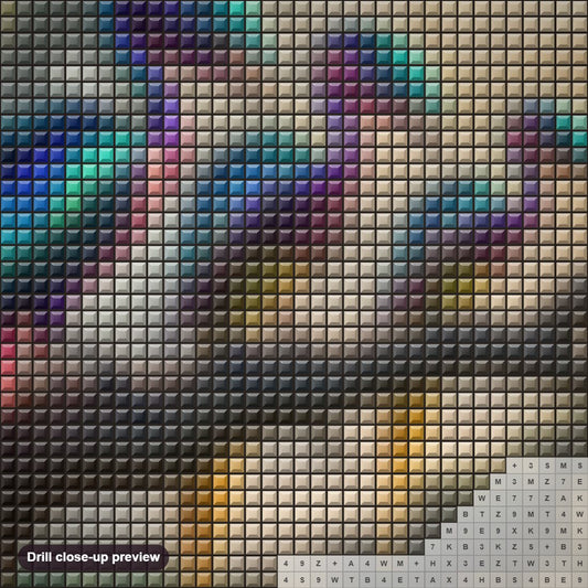 Close-up preview of the Colourful Alien birds diamond painting with square 5D drills and printed canvas symbols