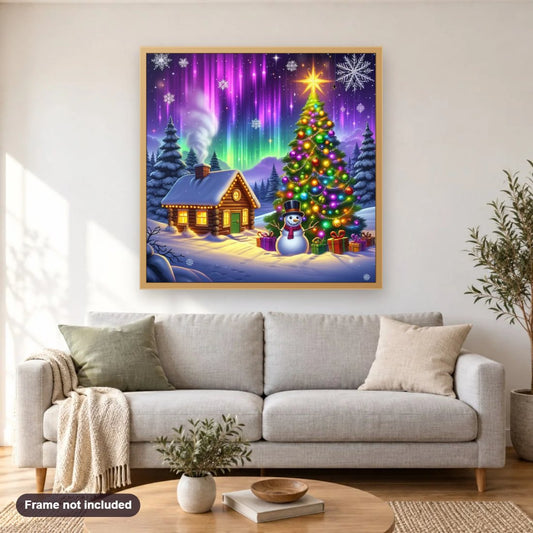 Colourful Christmas is Here diamond painting shown framed on a living room wall above a sofa