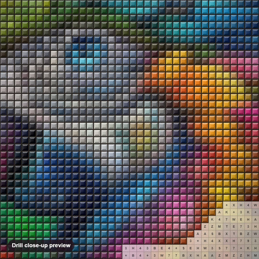 Close-up preview of the Colourful Parrot diamond painting with square 5D drills and printed canvas symbols