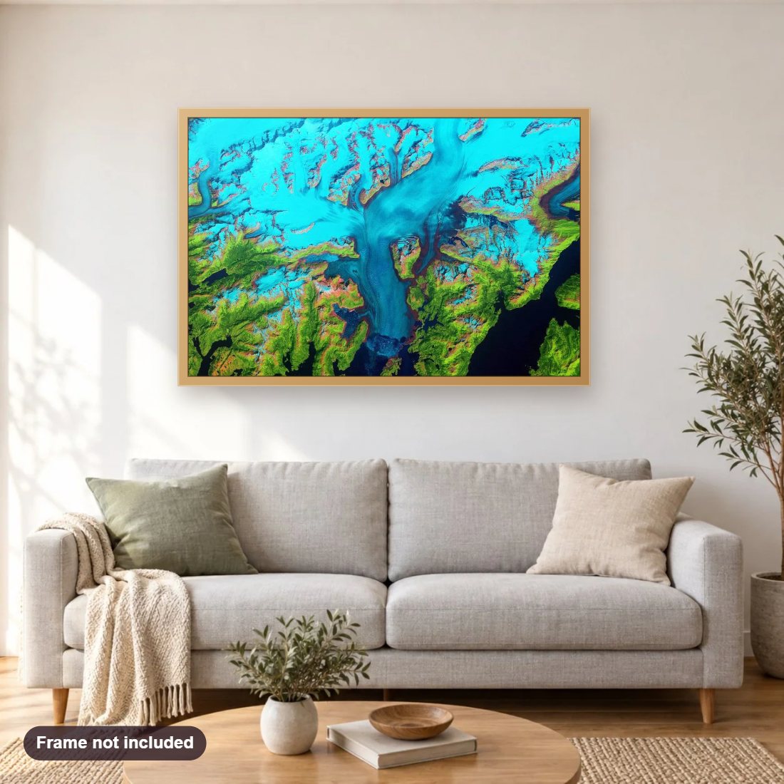 World of Change: Columbia Glacier, Alaska diamond painting shown framed on a living room wall above a sofa