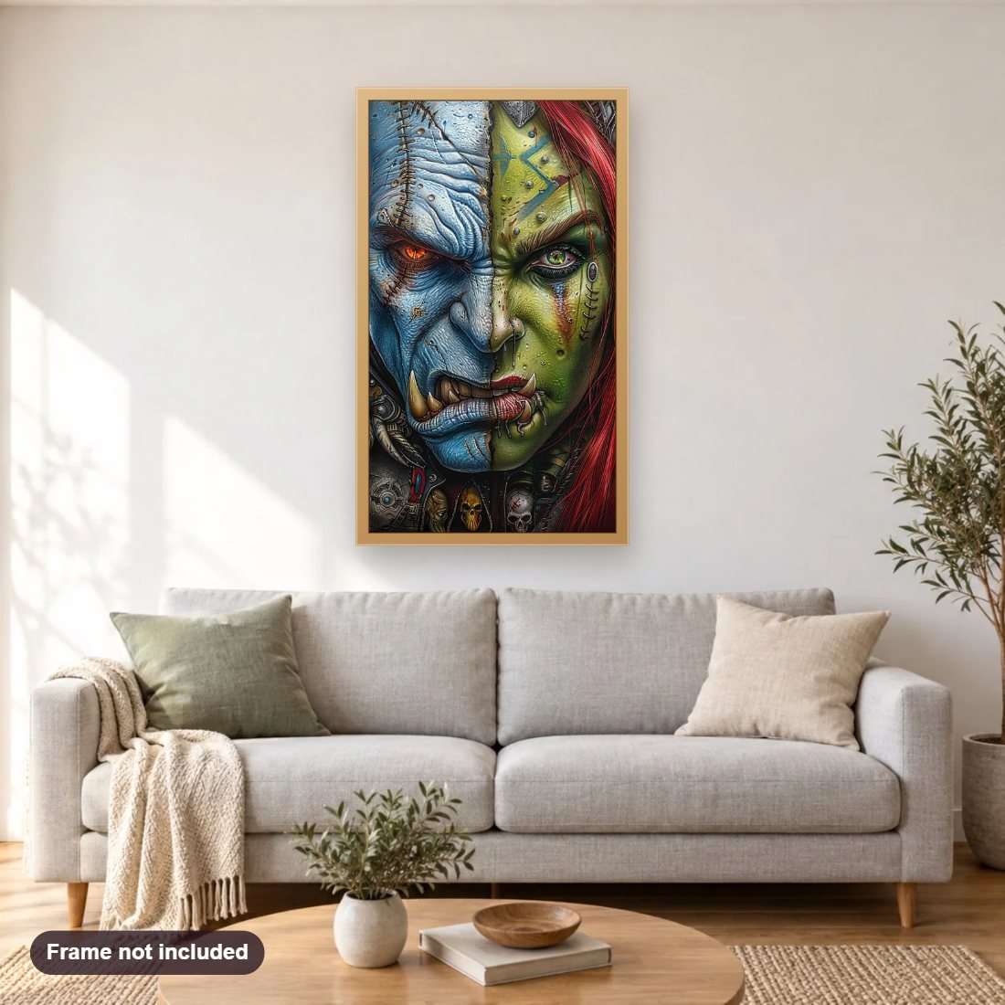 Combined Orc diamond painting shown framed on a living room wall above a sofa