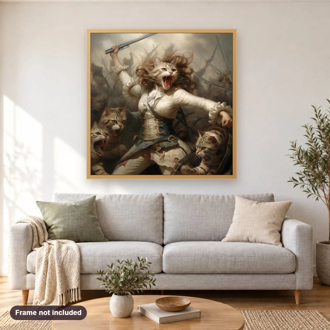 Come Fight With Me diamond painting shown framed on a living room wall above a sofa