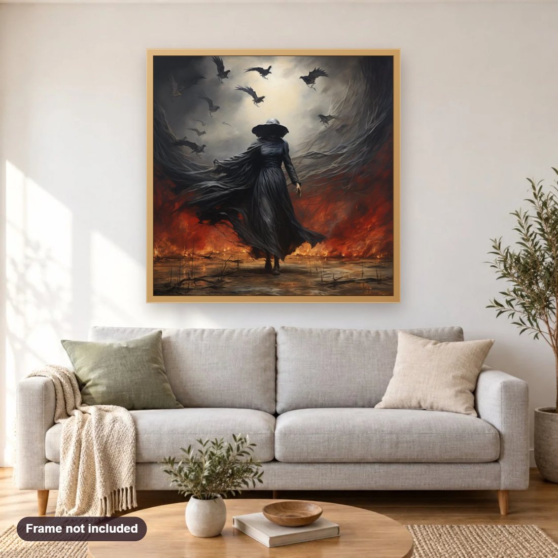 Coming Out of Darkness diamond painting shown framed on a living room wall above a sofa