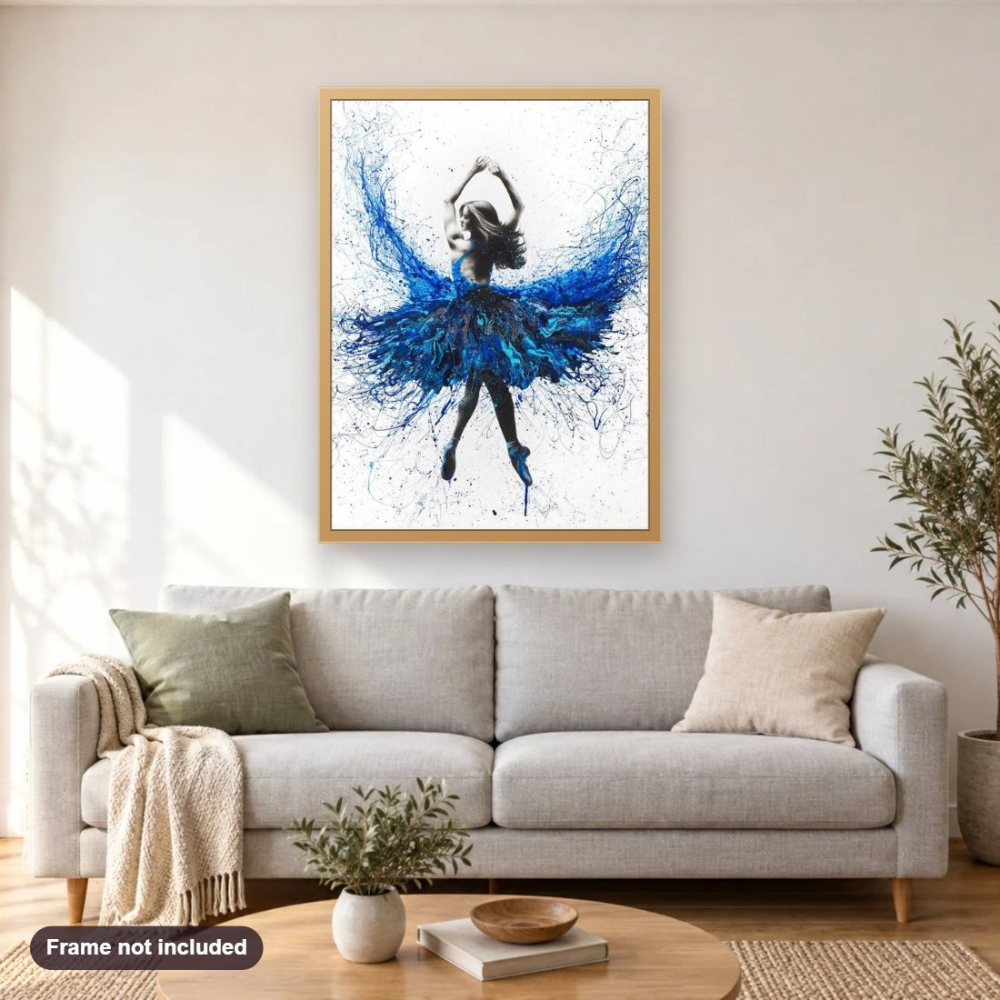 Contemporary Dance Art diamond painting shown framed on a living room wall above a sofa