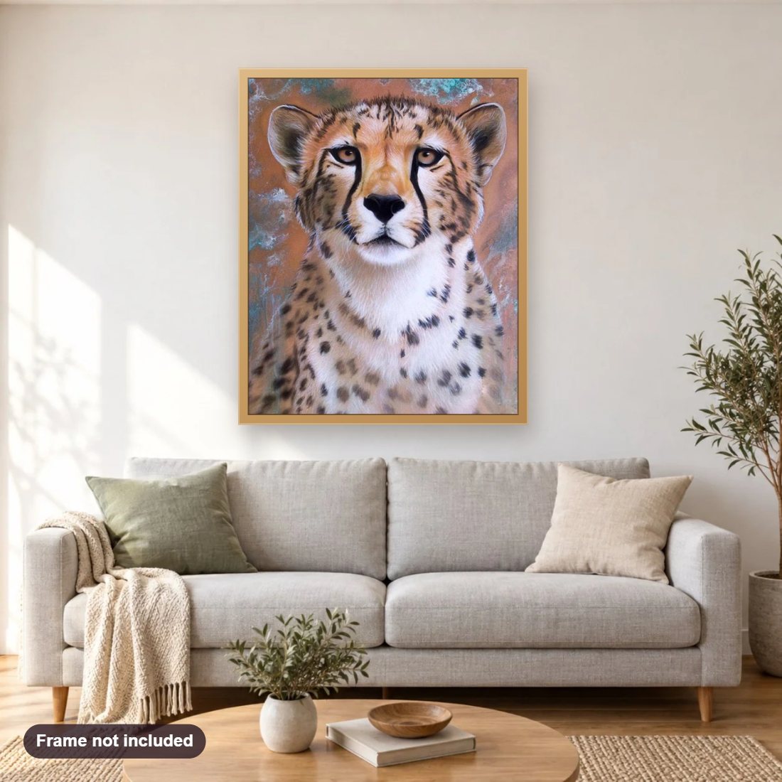 Copper Flash Cheetah diamond painting shown framed on a living room wall above a sofa