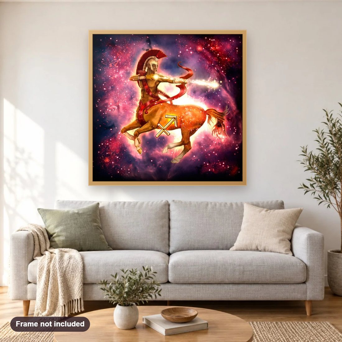 Zodiac Sagittarius diamond painting shown framed on a living room wall above a sofa