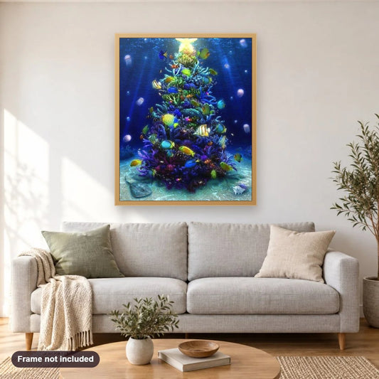 Coral Christmas Tree diamond painting shown framed on a living room wall above a sofa