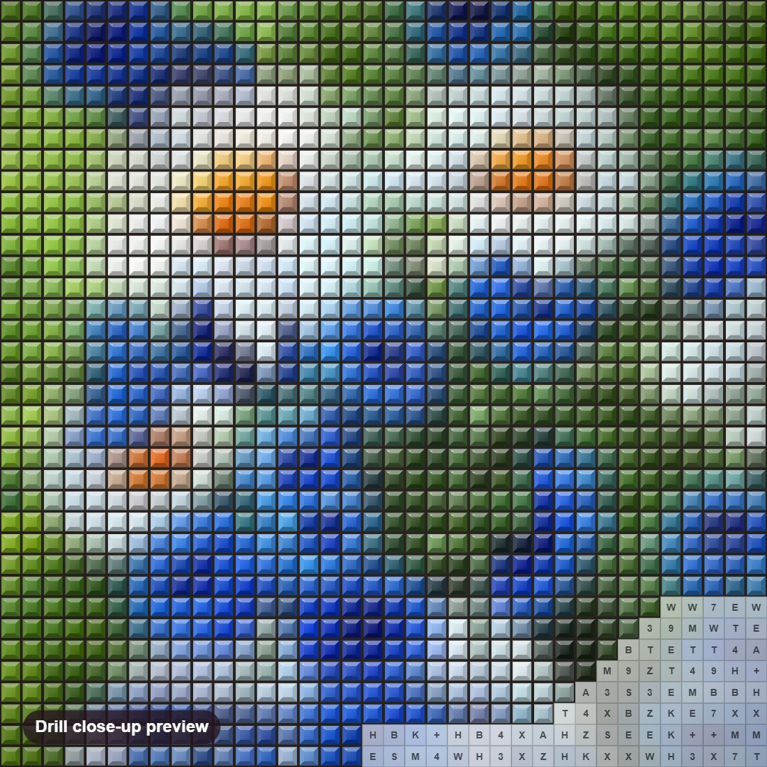 Close-up preview of the Cornflower Daisies & Sparrows diamond painting with square 5D drills and printed canvas symbols