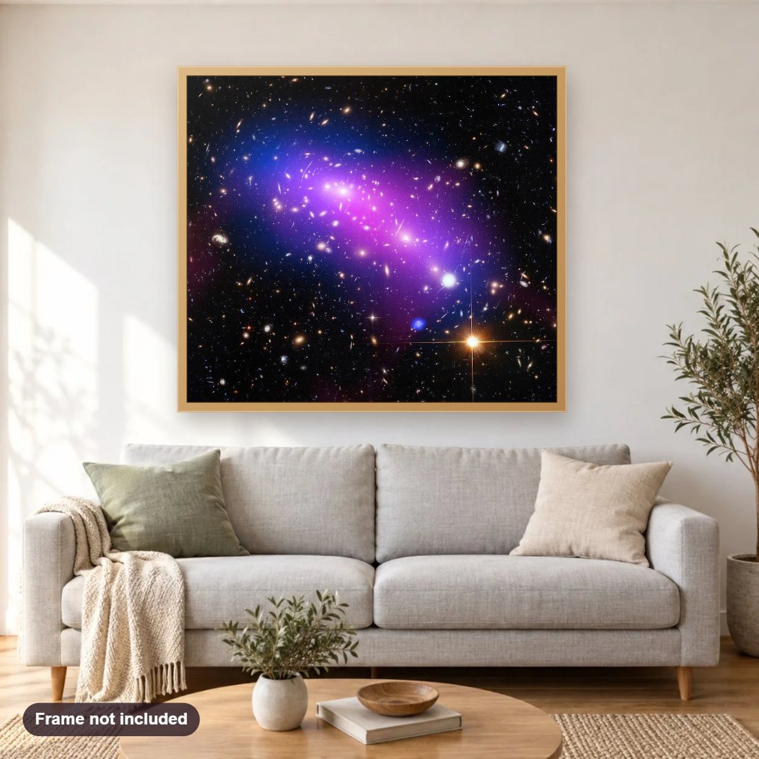 Cosmic Kaleidoscope diamond painting shown framed on a living room wall above a sofa