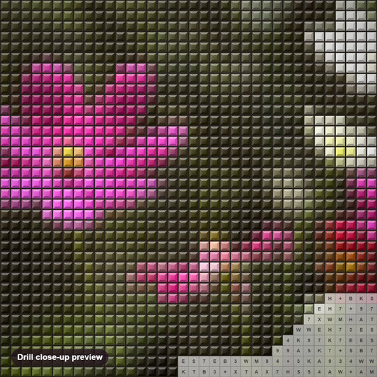 Close-up preview of the Cosmos Flowers diamond painting with square 5D drills and printed canvas symbols