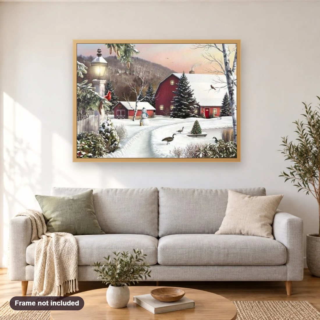 Country Winter diamond painting shown framed on a living room wall above a sofa