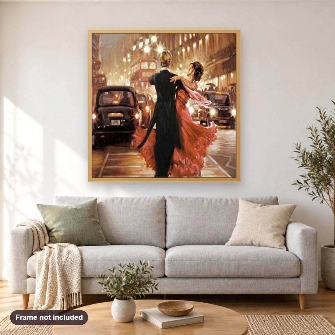 Couple Dancing on Street diamond painting shown framed on a living room wall above a sofa