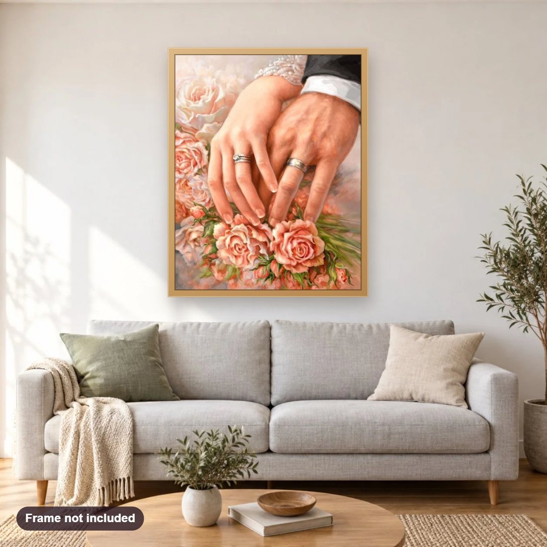 Couple Picking Roses diamond painting shown framed on a living room wall above a sofa