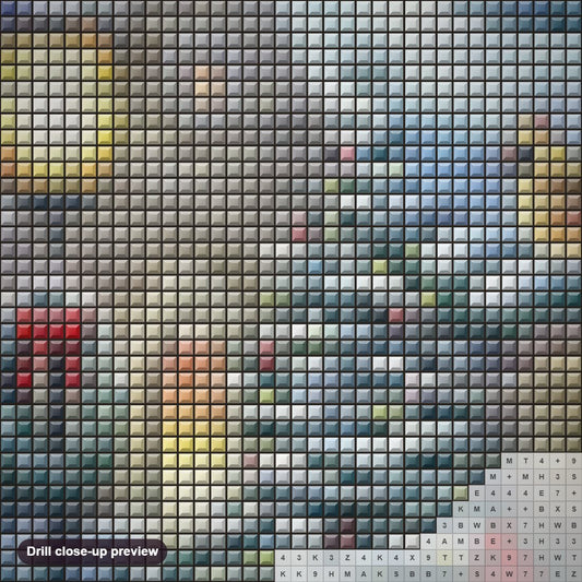 Close-up preview of the Courtyard Cardinals Christmas diamond painting with square 5D drills and printed canvas symbols