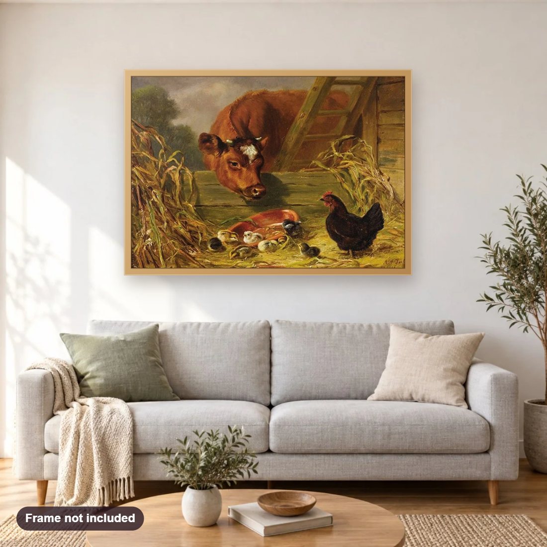 Cow & Chickens at the Farm diamond painting shown framed on a living room wall above a sofa