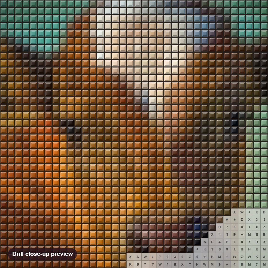 Close-up preview of the Cow diamond painting with square 5D drills and printed canvas symbols