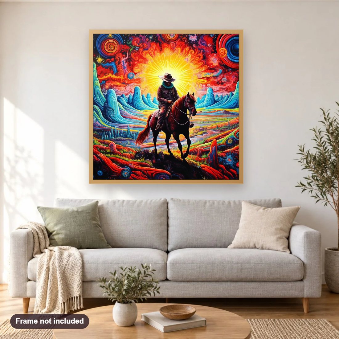 Cowboy in Fantasy World diamond painting shown framed on a living room wall above a sofa