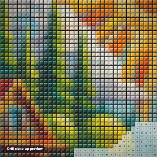 Close-up preview of the Cozy Cabin by the Lake diamond painting with square 5D drills and printed canvas symbols