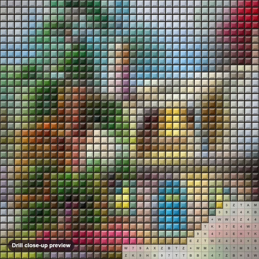 Close-up preview of the Cozy Cottage diamond painting with square 5D drills and printed canvas symbols