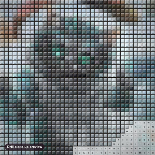 Close-up preview of the Creepy Cat diamond painting with square 5D drills and printed canvas symbols