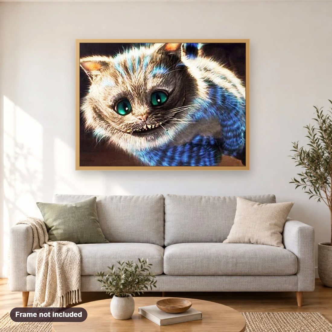 Creepy Cheshire Cat diamond painting shown framed on a living room wall above a sofa
