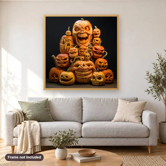 Creepy Halloween Pumpkin Carvings diamond painting shown framed on a living room wall above a sofa