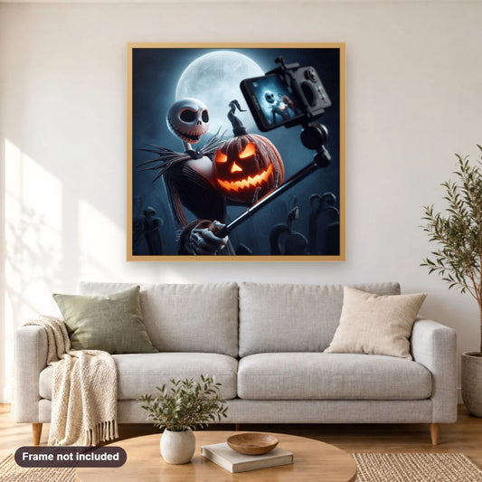 Creepy Selfie on Halloween Night diamond painting shown framed on a living room wall above a sofa