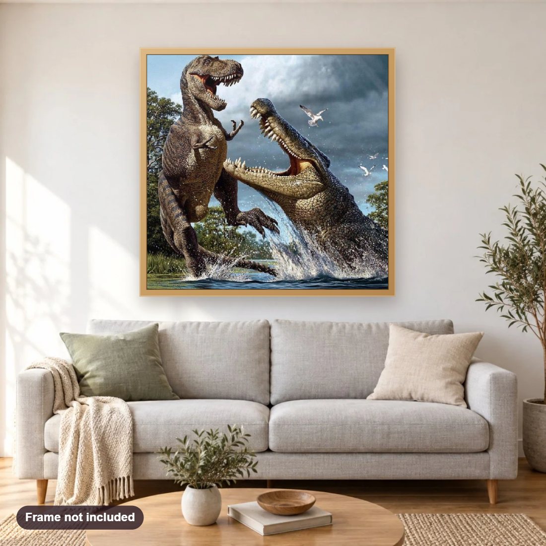Crocodile & Dinosaur Fight diamond painting shown framed on a living room wall above a sofa