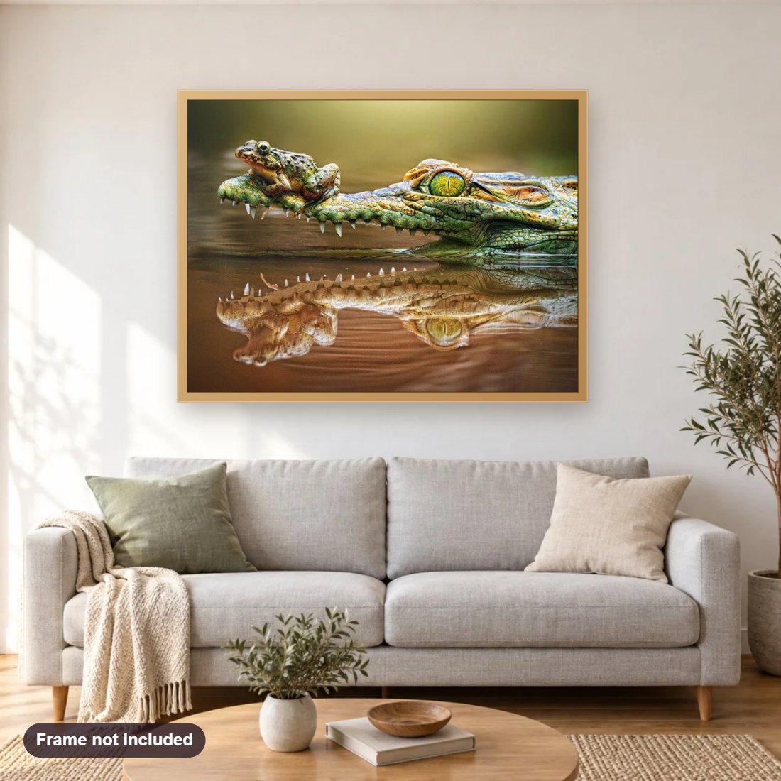 Crocodile & Frog diamond painting shown framed on a living room wall above a sofa