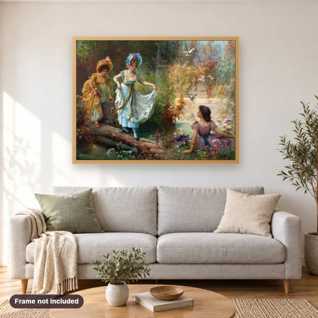 Crossing the Stream by Hans Zatzka diamond painting shown framed on a living room wall above a sofa