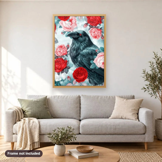 Crow & Roses diamond painting shown framed on a living room wall above a sofa