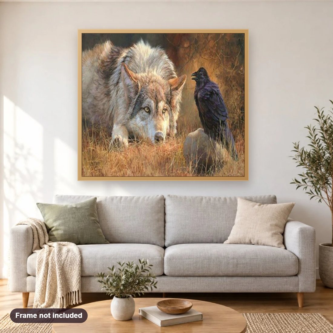Crow & Wolf diamond painting shown framed on a living room wall above a sofa