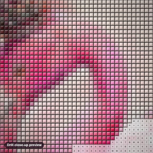Close-up preview of the Crowned Flamingo diamond painting with square 5D drills and printed canvas symbols
