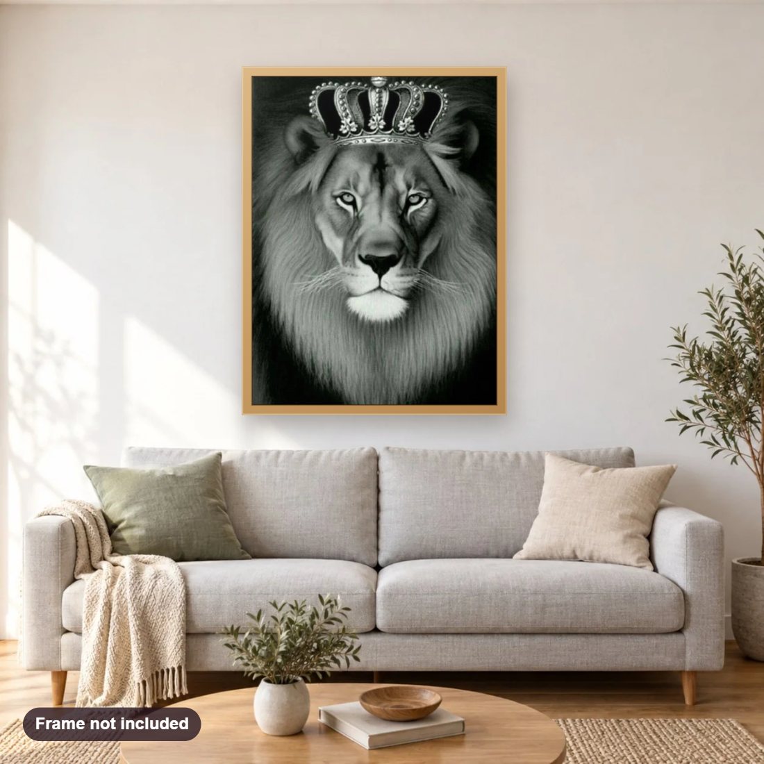 Crowned Lion diamond painting shown framed on a living room wall above a sofa