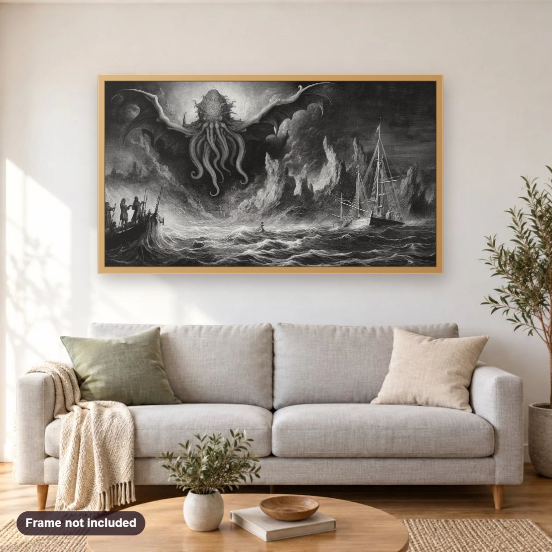 Cthulhu Rising From the Sea diamond painting shown framed on a living room wall above a sofa
