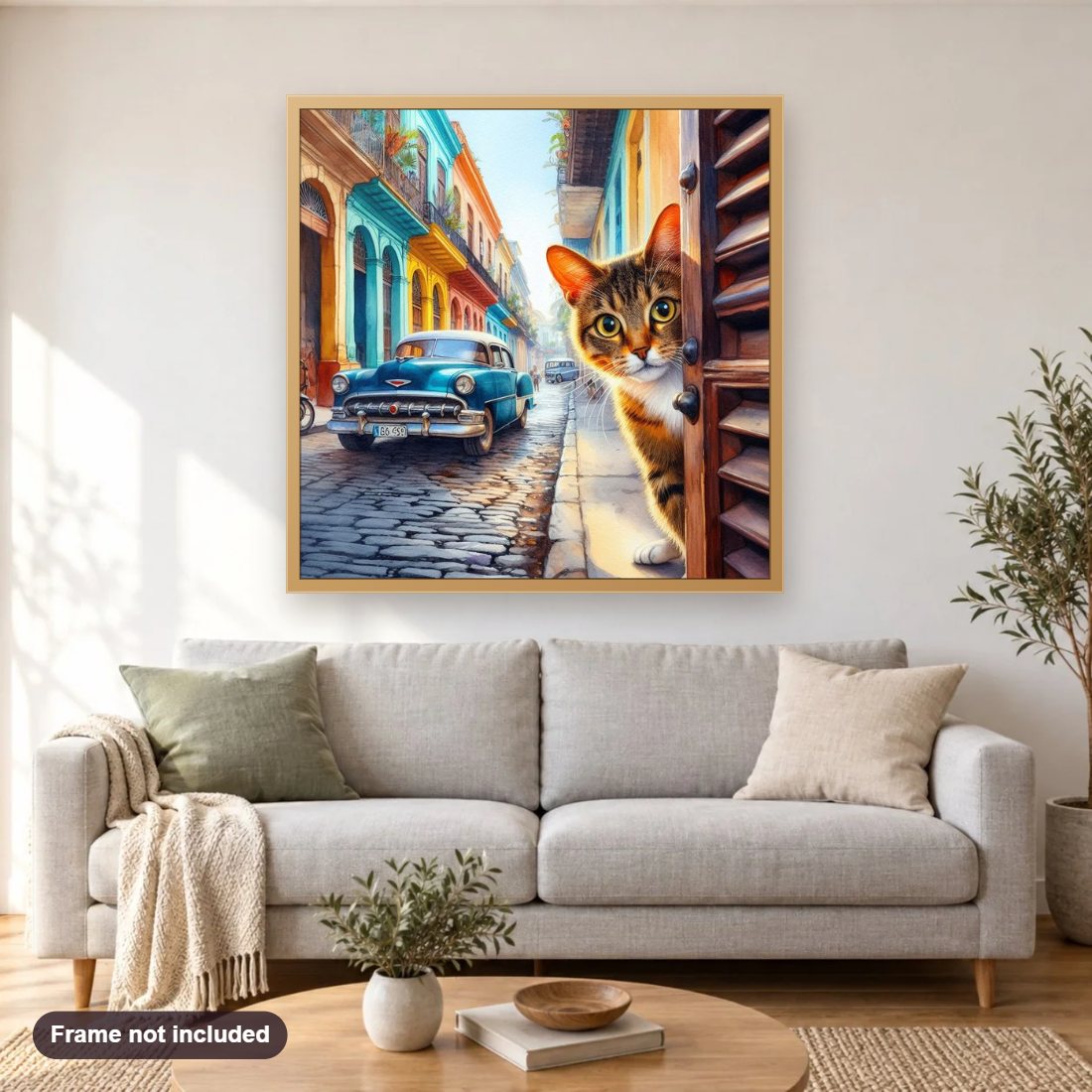 Cuba Cat Peeking Out of Door diamond painting shown framed on a living room wall above a sofa