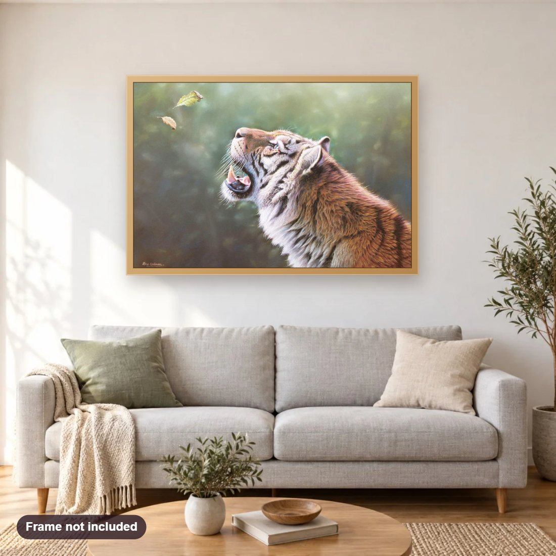 Curiosity diamond painting shown framed on a living room wall above a sofa