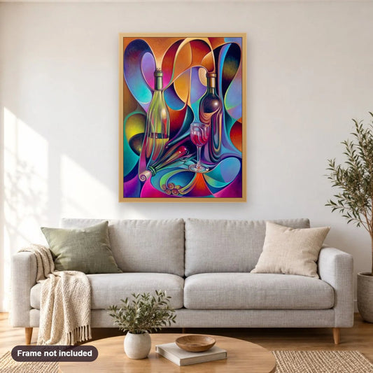 Curvismo Metal Art diamond painting shown framed on a living room wall above a sofa