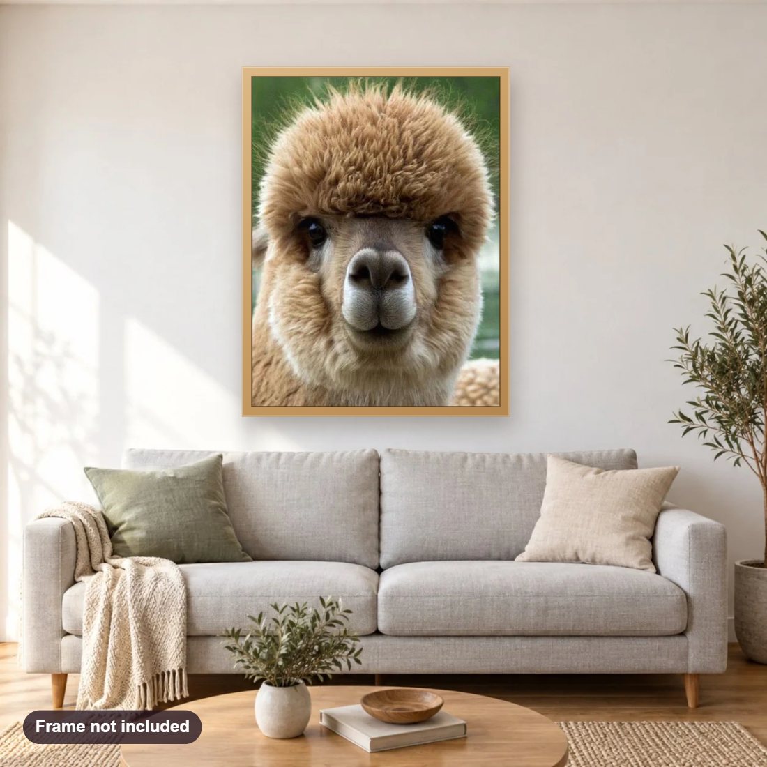 Cute Alpaca Baby Close up diamond painting shown framed on a living room wall above a sofa