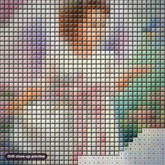 Close-up preview of the Cute angel Girl & Sparrows in Garden diamond painting with square 5D drills and printed canvas symbols