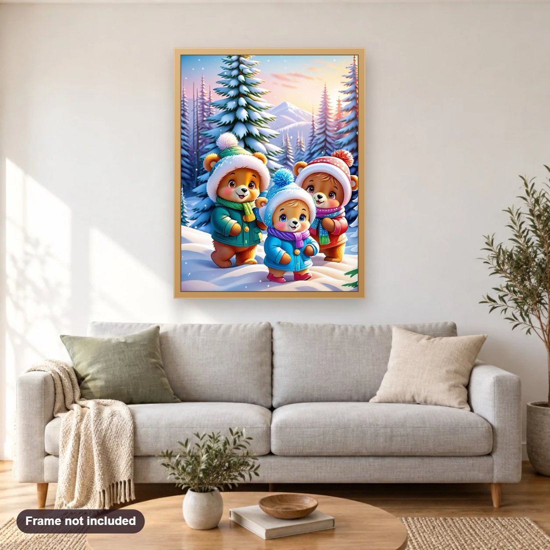 Cute Bears' Playtime in the Snow diamond painting shown framed on a living room wall above a sofa