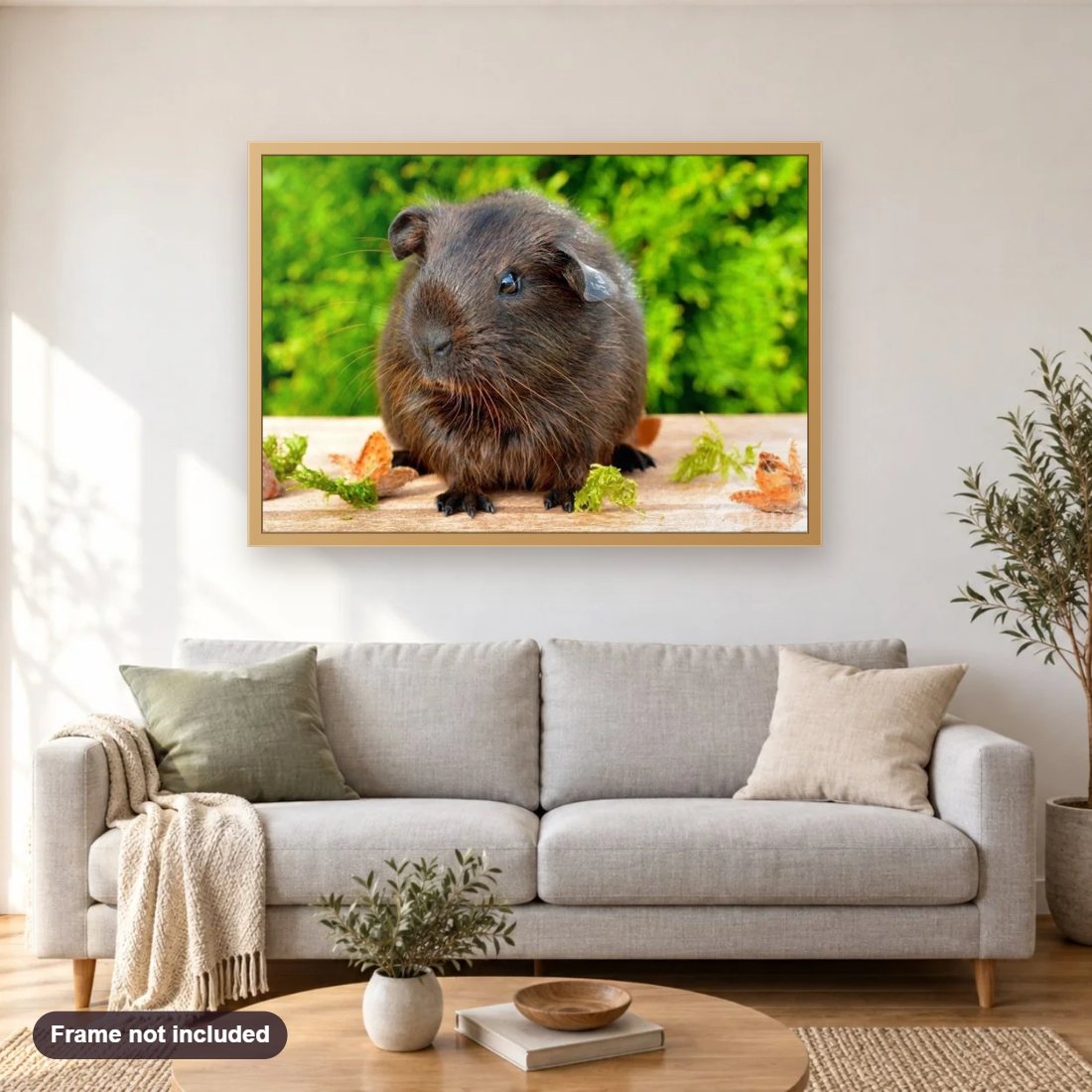 Cute Black Guinea Pig diamond painting shown framed on a living room wall above a sofa