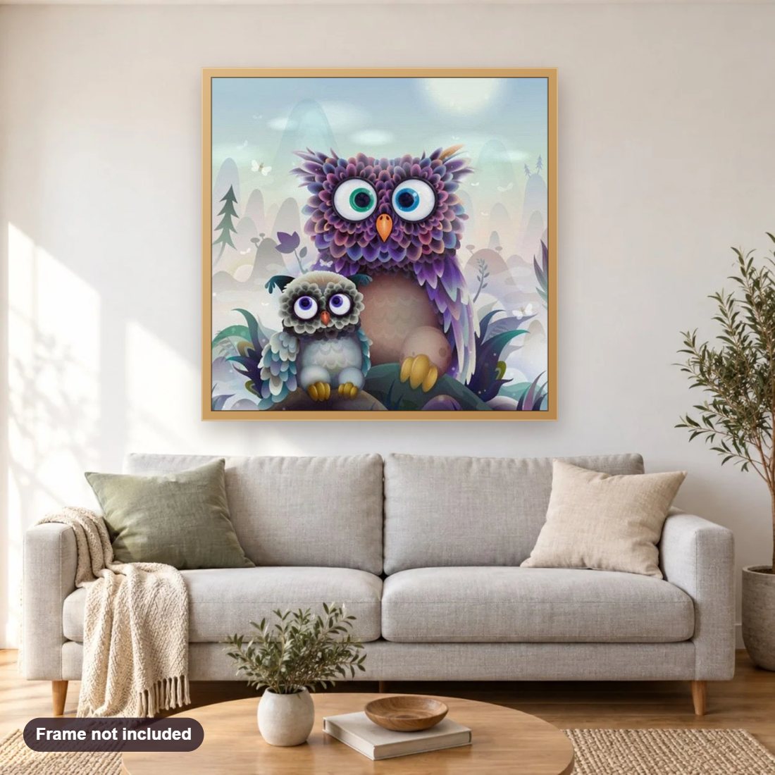 Cute Cartoon Owls diamond painting shown framed on a living room wall above a sofa
