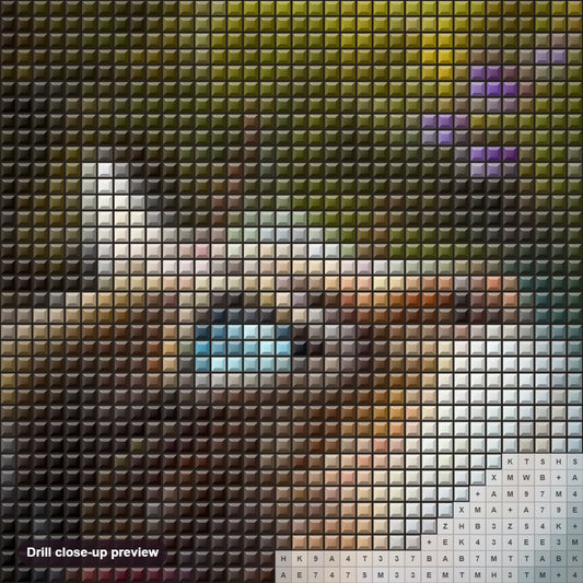Close-up preview of the Cute Cat & Flower Petals diamond painting with square 5D drills and printed canvas symbols